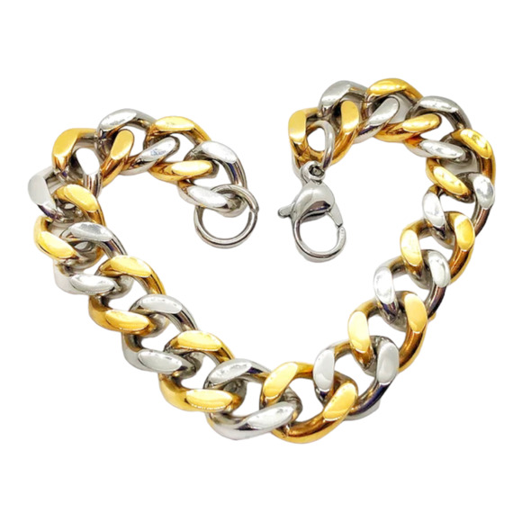 NEW Two Tone Flat CUBAN LINK Stainless Steel BRACELET Men's 9" Gold Silver NWOT - Picture 5 of 7